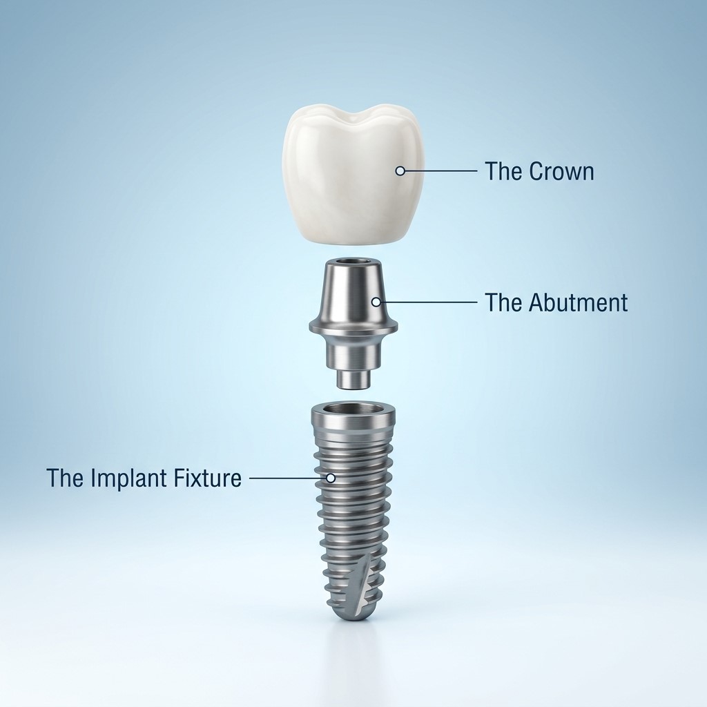 dental implant components: The Implant Fixture, The Abutment, The Prosthesis (The Crown, Bridge, or Denture)