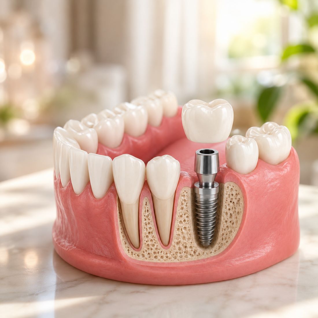 3D dental implant model showing an implant post, abutment and replacement crown