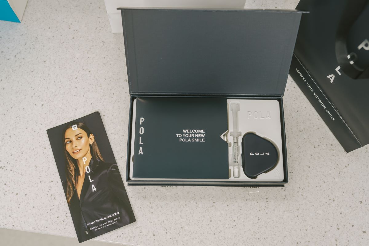 Complete Pola take-home teeth-whitening system with whitening gel, tray case and patient instructions