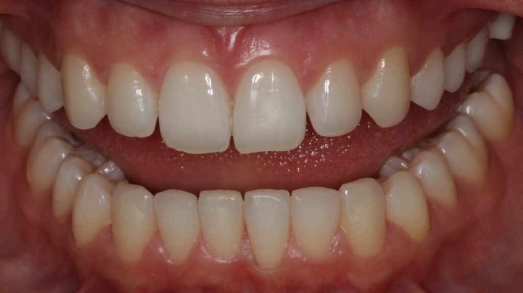 After: Invisalign relieved the lower anterior crowding, aligned and levelled the incisors, and created a straighter, more even lower arch and balanced smile.