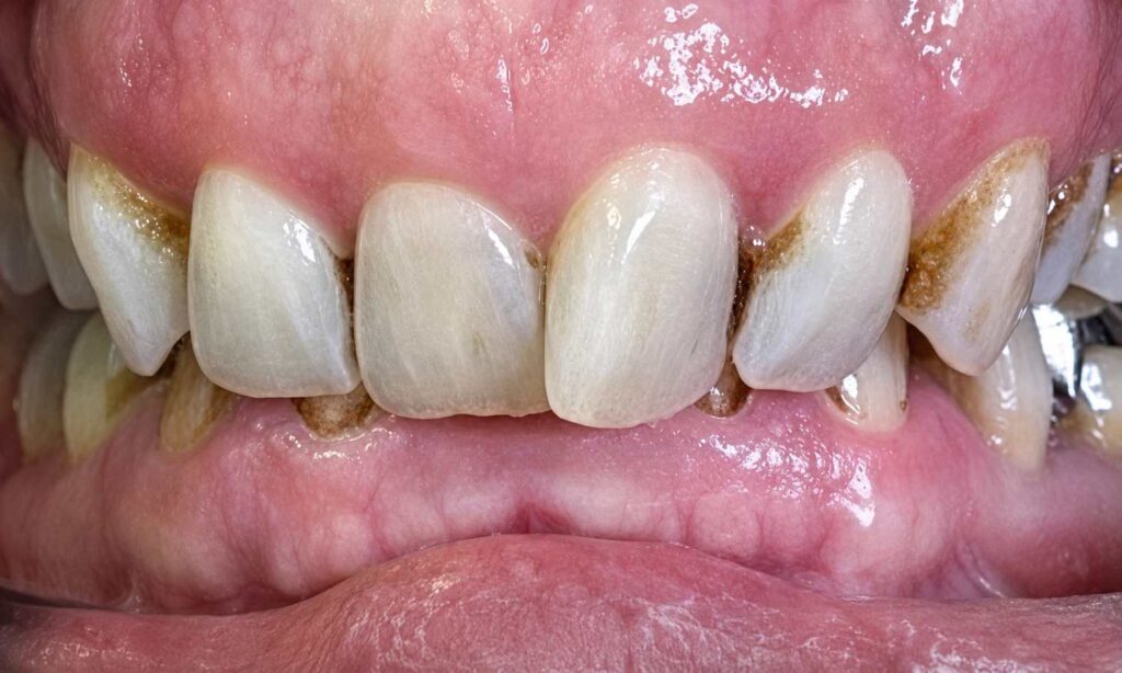 Before: Heavy extrinsic staining and yellow-brown discolouration were visible around the front teeth and gum margins, making the smile appear darker and uneven.