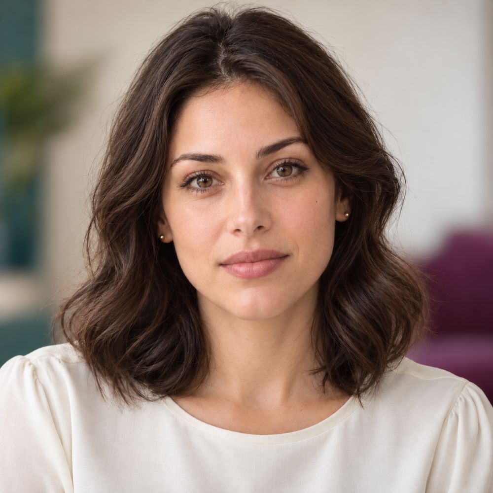Woman with a neutral, closed-mouth expression in a smile concept illustration