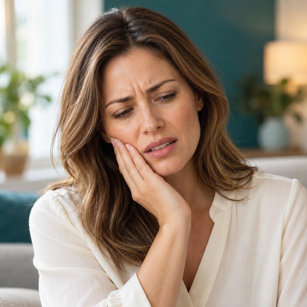 Woman holding her cheek with toothache