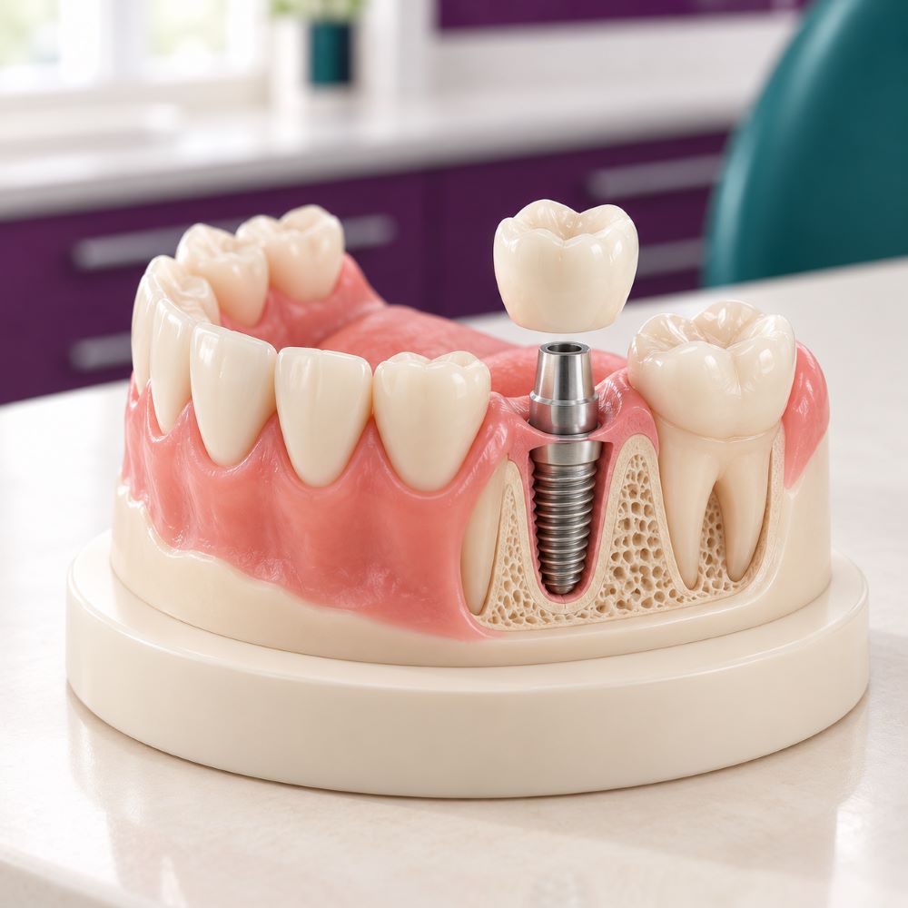 3D dental model showing an implant in the jaw with a crown above it