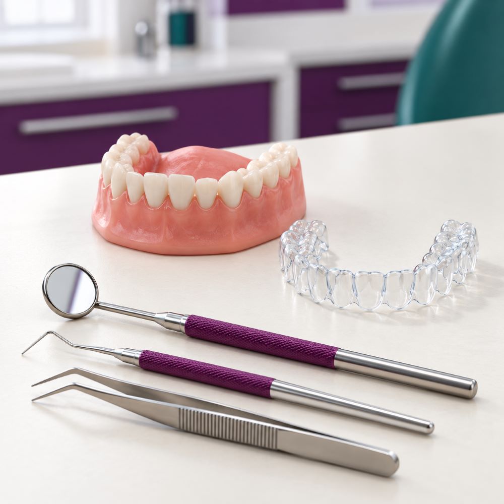 Clear aligner beside a dental model and instruments on a desk