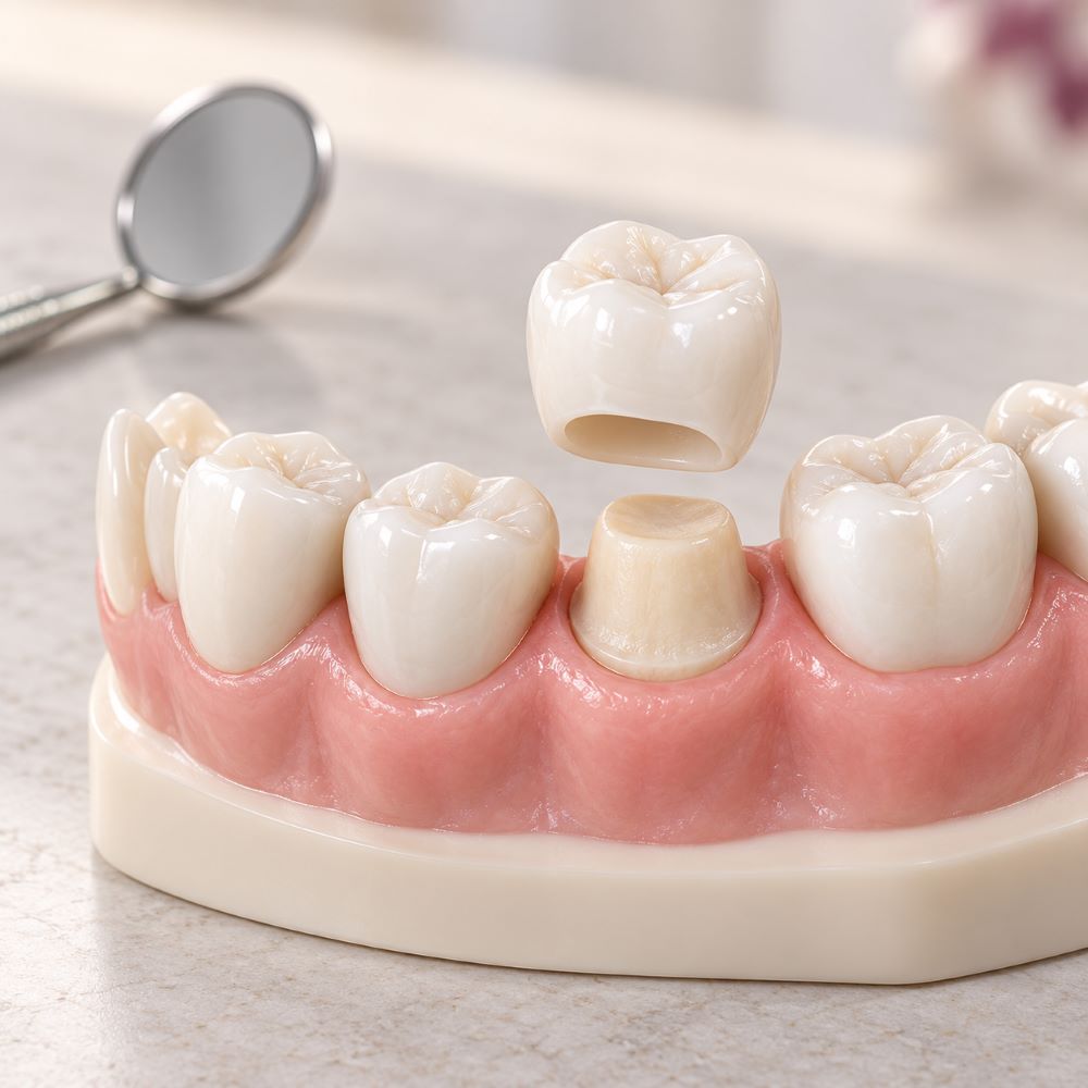 Illustration of a tooth-coloured crown above a prepared tooth on a dental model