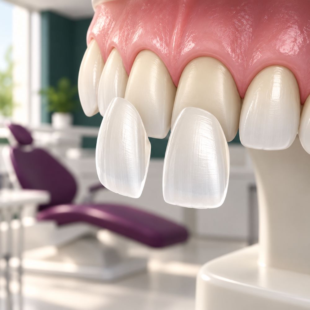 Illustration of thin porcelain veneer shells positioned in front of upper front teeth